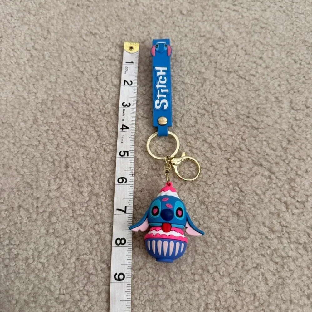 Disney Stitch Cupcake Keychain Blue Pink Rubber Bag Charm Wristlet Strap Kawaii